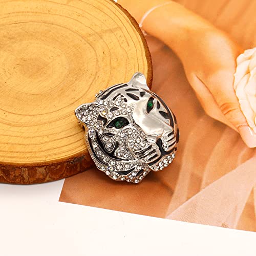 Rhinestone Tiger Head Brooch Pins.Gold Silver Animal Lapel Pin,Charm Lion Coat Collar Brooch for Men Suit Pin - color: Silver