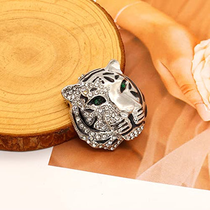 Rhinestone Tiger Head Brooch Pins.Gold Silver Animal Lapel Pin,Charm Lion Coat Collar Brooch for Men Suit Pin - color: Silver