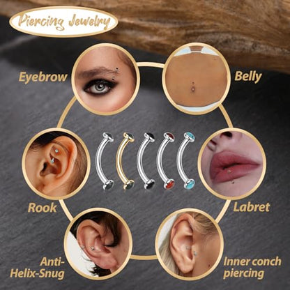 GAGABODY G23 Titanium Eyebrow Piercing Jewelry Curved Barbell Lip Ring | Internal Thread Used in Eyebrow,Belly,Rook 16 Gauge from 6mm to 12mm Lightweight Daily for Woman and Man Sensitive Skin - color: 1Pc-Disc Shape Silver+Black Agate, size: 16G-10mm