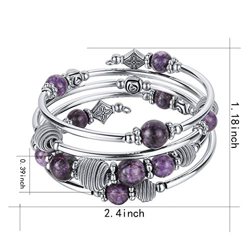 PEARL&CLUB Beaded Chakra Bangle Turquoise Bracelet - Fashion Jewelry Wrap Bracelet with Thick Silver Metal and Mala Beads, Birthday Gifts For Women - color: Purple