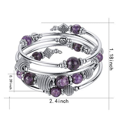 PEARL&CLUB Beaded Chakra Bangle Turquoise Bracelet - Fashion Jewelry Wrap Bracelet with Thick Silver Metal and Mala Beads, Birthday Gifts For Women - color: Purple