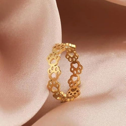 Fashionable and Cute Hollow Cat Claw Footprint Stainless Steel Open Ring Female Creative Couple Ring Animal Jewelry - color: golden
