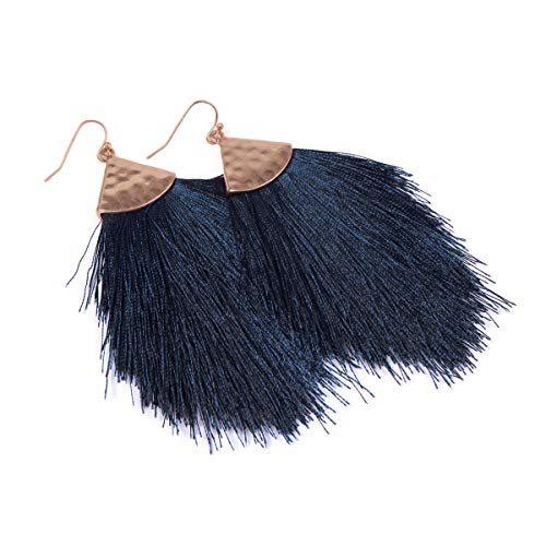Bohemian Silky Thread Fan Fringe Tassel Statement Earrings - Lightweight Strand Feather Shape Dangles - color: Feather Fringe - Navy