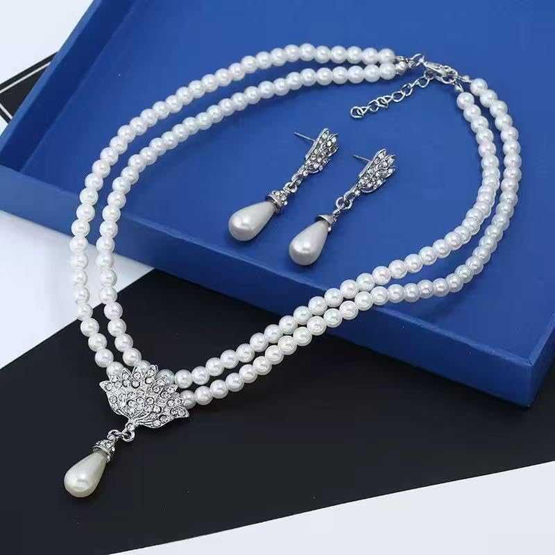 Pearl Necklace and Earring Set for Women,Pearl Jewelry Set Fake Pearls Necklace Imitation Beaded Collar de Perlas Para Mujer Necklaces for Prom Bridesmaid Costume Accessories - color: Layered