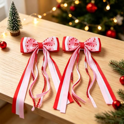 2PCS Christmas Long Streamer Hair Bow Clips, 3.54 Inch Grosgrain Ribbon Bow | Red and White Sequin, Candy Cane Pattern, Lined Alligator Clips XMAS Hair Accessories for Ponytail Styling - color: Red Candy Cane