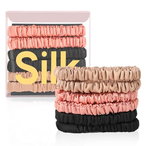 6Pcs Silk Hair Ties 100% Pure Mulberry Silk Scrunchies for Women Girls | No Hair Crease, Anti Frizz, Gentle Hold, No Damage, Black Brown Pink - color: Black&Brown&Pink