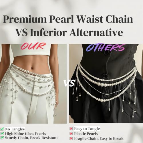 Pearl Tassel Wasit Chain for Women body chain Multi-layer White Pearl Tassel Belly Chain Belts for Women Long Tassel Pendant Layered Pearls Belt for Dresses Wedding Bridal Rave Body Jewelry Accessories