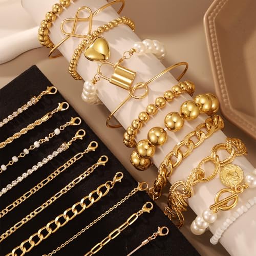 IFKM 6 PACK (24 PCS) Boho Gold Chain Bracelets Set for Women, 14K Gold Plated Multiple Layered Stackable Open Cuff Wrap Bangle Adjustable Link Italian Cuban Jewelry for Women Gift - style: 28pcs Gold Chain
