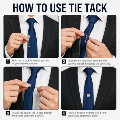 4 Pcs Tie Tack for Men, Tie Pin with Chain, Copper Tack Clutch, Suit Accessories Regular Tie Chain Necktie Lapel Pins for Business Hat Wedding Birthday(Gold/Silver/Black)