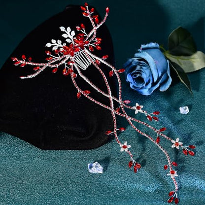 JHOO Rhinestone Hair Vine Comb, Bridal Wedding Hair Accessories,Silver Alloy Headpiece for Bridesmaids (Red) - color: Red