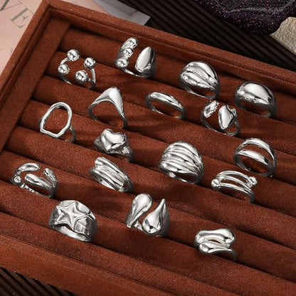 Chunky Rings for Women Non Tarnish 14k Stackable Dome Statement Rings Sets Vintage Dainty Knuckle Open Midi Finger Rings Jewelry Pack Gifts - style: Silvery 17 pieces
