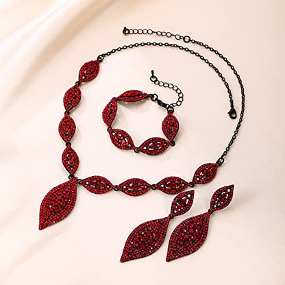 Flyonce Wedding Jewelry Set Rhinestone Crystal Bridal Leaf Necklace Drop Dangle Chandelier Earrings Sets for Women - color: Red Black-Tone