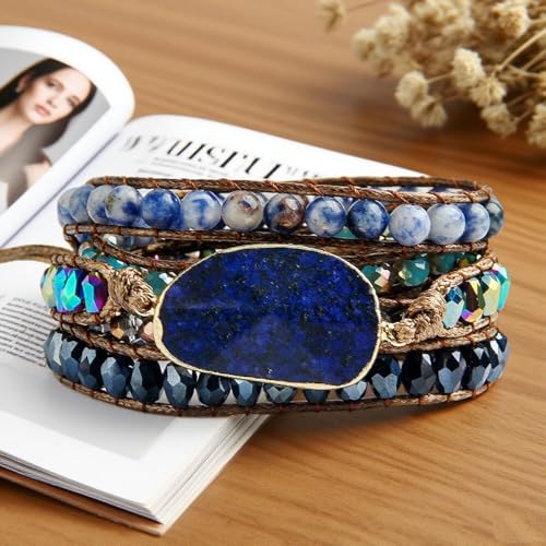 Women Wrap Bracelets Boho Natural Stone Jasper Turquoises Strand Bracelet Jewelry Collection - color: Lazuli #2