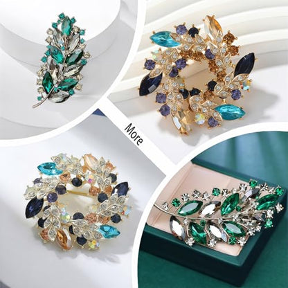 2pcs Rhinestone Brooch Pin for Women Dress Elegant Stylish Crystal Brooches Fashion Accessories Pins Lapel Boutonniere Ideas Wedding Christmas Birthday Jewelry Easter Gift - color: 20 Green Leaves/Colorfull