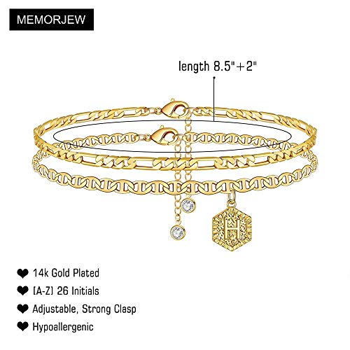 Memorjew Ankle Bracelets for Women, 14K-Gold-Plated Initial A-Z Anklet | Figaro Chain Layered 14K-Gold-Plated Hexagon Letter Anklets for Women, Summer Foot Chain Jewelry Gifts, Ankle Bracelets Gifts - style: H-Gold-Plated