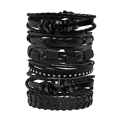 MILAKOO 6Pcs Punk Leather Bracelets for Women Men Braided PU Wristband Skull Skeleton Accessories - color: D: Black