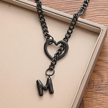 sroyte Black Heart Slip Chain Initial Necklaces for Women,Stainless Steel O-Ring Adjustable Lariat Heart Y-Necklace,Punk Gothic Cuban Collar Choker Necklace for women - color: Black M