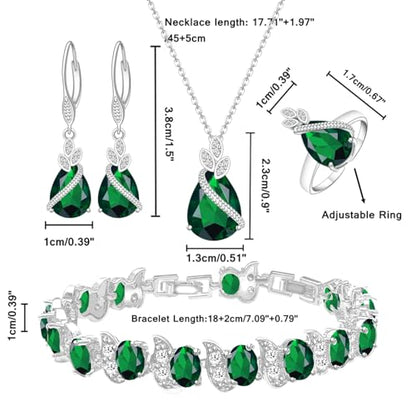 LMXXVJ Jewelry Set for Women,Teardrop Cubic Zirconia Necklace Earrings Adjustable Ring Bracelet Jewelry Set Formal Jewelry Gift - color: SYSD-White Gold-Green