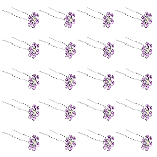 QIUTIMIY 20 Pack (Violet) Crystal Flower Hair Pins Rhinestone Hair Clips for Bridal Wedding Women Hair Jewelry Accessories, with Clear Container - color: Crystal Flower-Violet