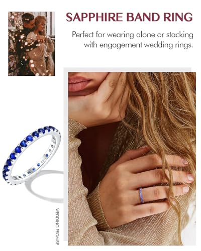 DAYBYDAY Sapphire/Emerald/Ruby Full Eternity Band Rings for Women, 2.4mm Thin Birthstone Stackable Rings, 925 Sterling Silver/14K Gold Plated Gemstone Wedding Band Anniversary Ring Size 6 to 10 - color: 09. Blue Sapphire, September