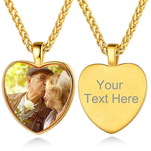 Custom4U Personalized Photo Necklace - Custom Heart/Oval/Round Charm Necklaces with Picture + Chain Adjustable - Stainless Steel/Acrylic Pendant Memorial Jewelry Christmas Gifts for Women - color: B-Gold Color