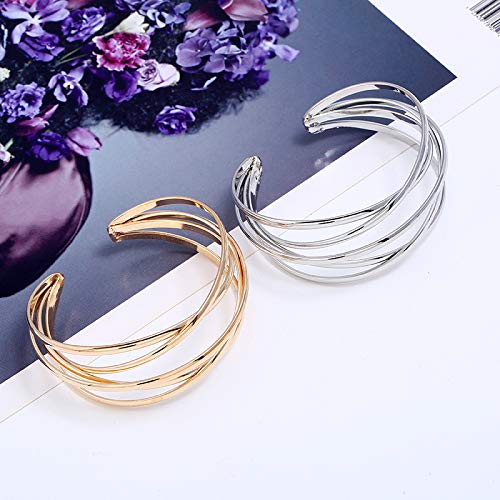 Boho Chunky Cuff Bracelet for Women,Gold/Silver/Rose gold Multi-layer Cross Wire Bangle Bracelets Open Adjustable Wide Cuff Bracelet Fashion Statement Jewelry - color: Rold