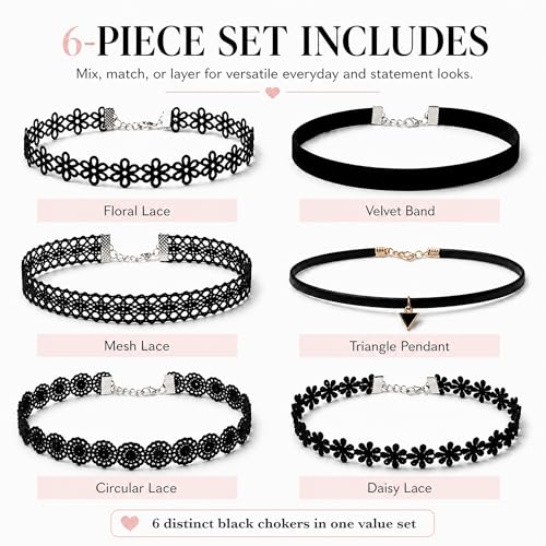 6 Pcs Black Choker Necklaces Girl Velvet Choker Set Classic Gothic Tattoo Lace Chokers Adjustable Lace Choker Necklace For Women