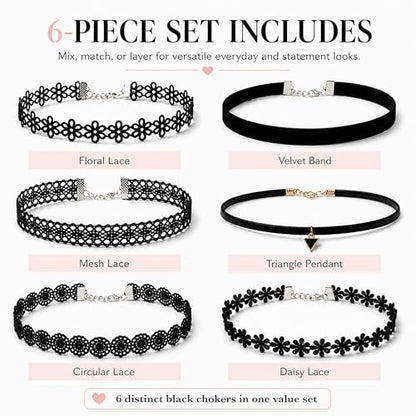 6 Pcs Black Choker Necklaces Girl Velvet Choker Set Classic Gothic Tattoo Lace Chokers Adjustable Lace Choker Necklace For Women
