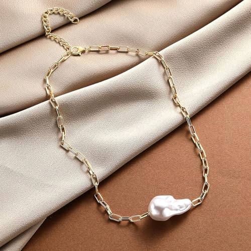 Chunky Pearl Necklaces for Women Chunky Baroque Pearl Beaded Gold Chain Link Pearls Pendant Necklace White Pearls Necklace Valentine's Day Jewelry Gifts Party Prom Birthday Outfits Accessorie - style: Golden Chain One Pearl