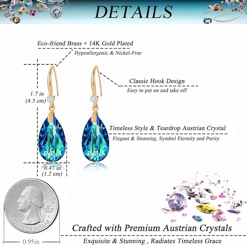 Austrian Crystal Teardrop Dangle Drop Earrings for Women 14K Gold Plated Hook Earring Hypoallergenic Jewelry Gifts for Women Girls - color: Bermuda Blue