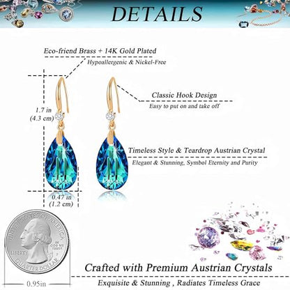 Austrian Crystal Teardrop Dangle Drop Earrings for Women 14K Gold Plated Hook Earring Hypoallergenic Jewelry Gifts for Women Girls - color: Bermuda Blue