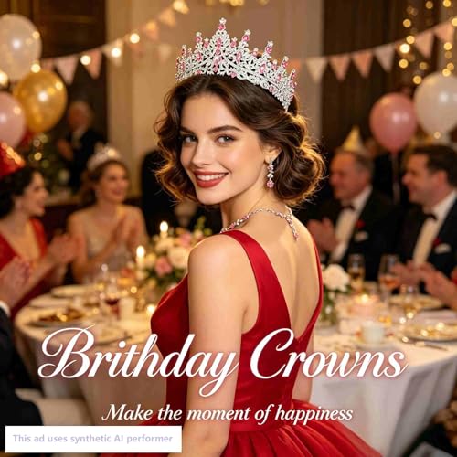Kamirola Tiaras and Crowns for Women,Tiaras Earrings Necklace, Crystal Bridal Jewelry Set (TR48) - color: Pink Silver