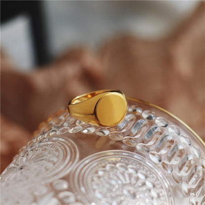 MYNENEY Stainless Steel Round Statement Pinky Signet Rings for Men Women - color: Custom-Gold