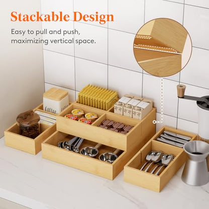 Lifewit Drawer Organizers 10 Pack(22 Grid) with 12 Inserts | Adjustable Bamboo Wooden Trays for Utensils, Silverware, Makeup, Kitchen, Bathroom, Office, Vanity Storage