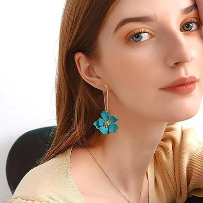 Bohemian Daisy Flower Matte Floral Long Petal Drop Dangle Earrings Layered Tiered for Women Chic Boho Wedding Jewelry - color: Light blue