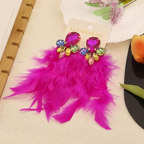 Long Feather Earrings for Women Bohemian Crystal Zirconia Dangle Feather Earrings Crystal Tassel Feather Earrings Wedding Halloween Prom Jewelry - color: Red