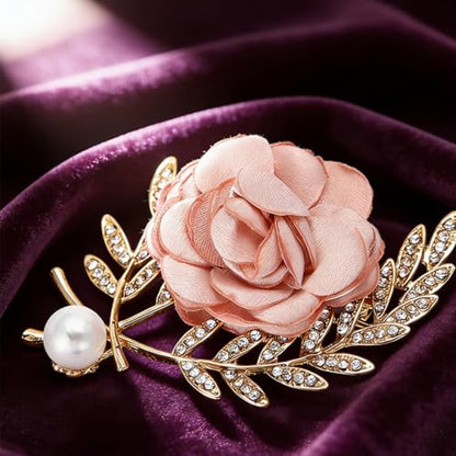 Handmade Elegant Red Rose Flower Brooch Pin for Women Crystal Pearl Fabric Flower Lapel Pin Dress Suit Accessories - color: Pink A