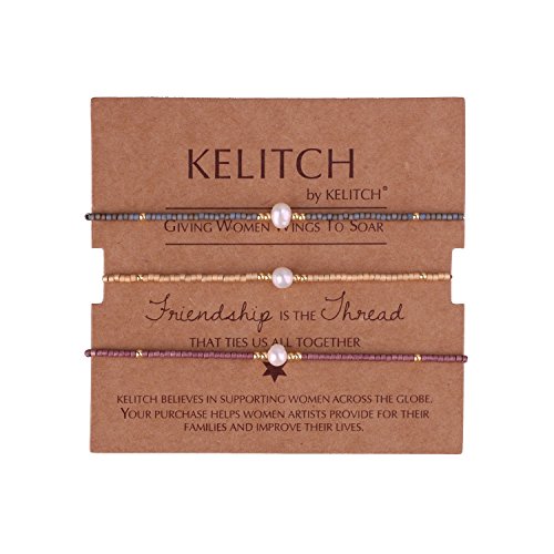KELITCH 3 PCS Natural Pearls Bracelets Women Strand Thin Rope Friendship Bracelets Handmade Stack Charm Bracelets - color: Gold Grey 02B