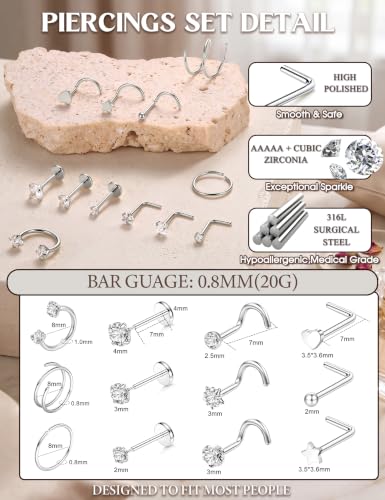 JeryWe Nose Rings for Women - 14K Gold Filled Hypoallergenic Surgical Steel Nose Ring Hoops CZ Lip Ring Screw L Shaped Studs Threadless Flat Back Stud Nose Piercings Jewelry for Women Men - style: Steel-Horseshoe