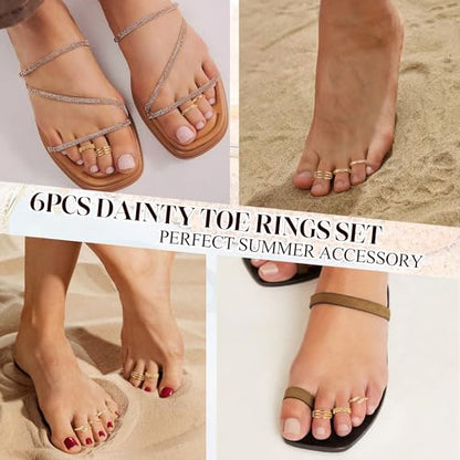 NICEIGHT 6Pcs 14K Gold Filled Toe Rings for Women Non Tarnish Silver Flower Hug Band Toe Rings Simple Adjustable CZ Twist Toe Ring Summer Beach Foot Jewelry for Women - color: Gold B