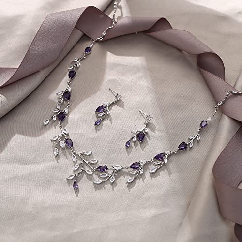 Cubic Zirconia Leaf Vine Wedding Jewelry Set for Bride Women Bridesmaid | Pear-Shaped Birthstone, Necklace Dangle Earrings for Bridesmaid, Silver-Plated-Brass - color: 2pcs_Purple