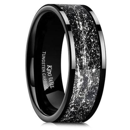 King Will Mens Wedding Band with Foils Inlay, Black/Silver/Gold Beveled Edge Glowstone Ring, 6mm/8mm Tungsten Carbide Rings Comfort Fit - color: Pipe Cut-Black&Silver-8mm