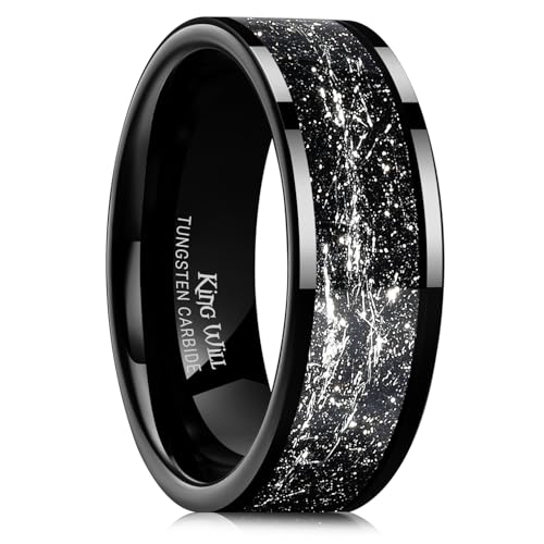 King Will Mens Wedding Band with Foils Inlay, Black/Silver/Gold | Black, 6mm/8mm, Beveled Edge, Comfort Fit, Glowstone Ring, Everyday Wear - color: Pipe Cut-Black&Silver-8mm