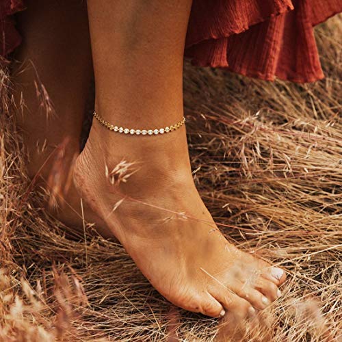 MEVECCO Anklet for Women Gold Chain 14K Gold Plated Dainty Boho Beach Summer Simple Foot Jewelry Ankle Bracelet - style: Coin