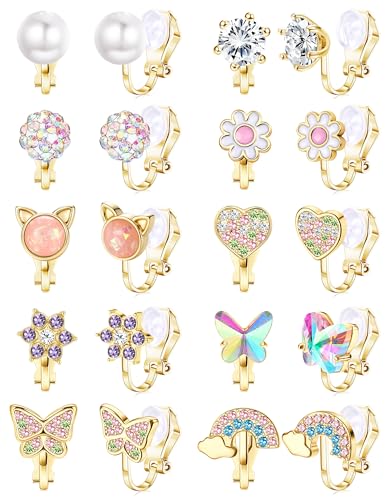 THUNARAZ 10Pairs Clip On Earrings for Women Lightweight Non Pierced Set | Hypoallergenic Gold Stud Earrings,Fake Earrings Set,Cute Pearl CZ Flower Cat Heart,Secure Clip Fit,Extra Soft Silicone Pads - style: goldB