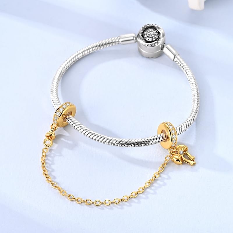 925 Sterling Silver Charms for Bracelets and Necklaces Lipstick and Perfume High Heels Dangle Pendants Heart Butterfly Bead Charms Halloween Christmas Gift for Womens - style: Gold Sparkling Bow Safety Chain