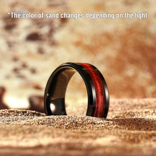 King Will Mens Galaxy Tungsten Wedding Band | 6mm/8mm, Beveled Edge, Comfort Fit, Durable, Sandstone Opal Inlay Polished, Everyday Wear - color: Black&Red