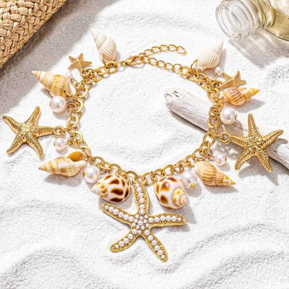 Sea Shell Starfish Anklet with Pearl Charms, Layered Heart Beach Statement Chunky Ankle Bracelet, Gold Tone Chain - color: Gold A