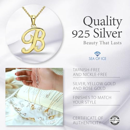 SEA OF ICE Letter Initial Necklace, Alphabet Letter Pendant Necklace, Sterling Silver, Gold, Rose Gold Necklace for Women, Elegant Initial Necklaces, Personalized Custom Women's Necklaces - color: Yellow Gold - B