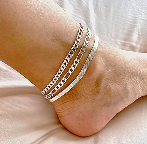 Dainty Ankle Bracelets for Women Waterproof | Layered Gold Plated Tennis Cuban Snake Rope Paperclip Beaded Link Chains Set, Summer Beach Jewelry Gift - color: Silver Anklet B